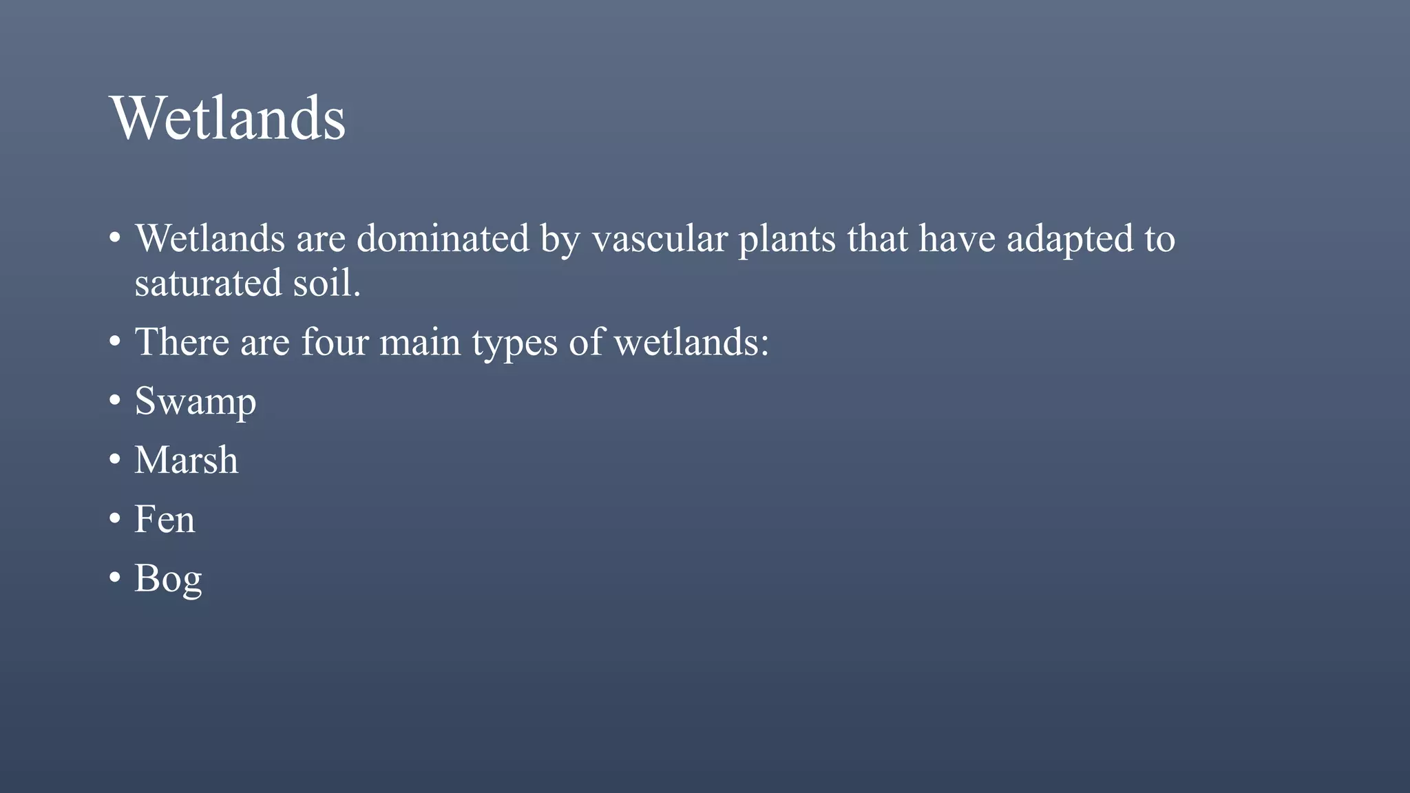 Wetlands
• Wetlands are dominated by vascular plants that have adapted to
saturated soil.
• There are four main types of wetlands:
• Swamp
• Marsh
• Fen
• Bog
 