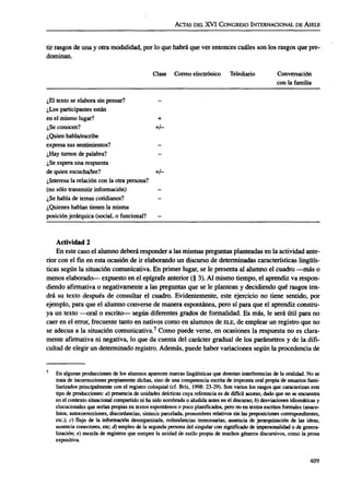 ACTAS DEL XVI CONGRESO INTERNACIONAL DE ÁSELE
tir rasgos de una y otra modalidad, por lo que habrá que ver entonces cuáles son los rasgos que pre-
dominan.
Clase Correo electrónico Telediario Conversación
con la familia
¿El texto se elabora sin pensar? -
¿Los participantes están
en el mismo lugar? +
¿Se conocen? +/-
¿Quien habla/escribe
expresa sus sentimientos? -
¿Hay turnos de palabra? -
¿Se espera una respuesta
de quien escucha/lee? +/-
¿Interesa la relación con la otra persona?
(no sólo transmitir información) -
¿Se habla de temas cotidianos? -
¿Quienes hablan tienen la misma
posición jerárquica (social, o funcional? -
Actividad 2
En este caso el alumno deberá responder a las mismas preguntas planteadas en la actividad ante-
rior con el fin en esta ocasión de ir elaborando un discurso de determinadas características lingüís-
ticas según la situación comunicativa. En primer lugar, se le presenta al alumno el cuadro —más o
menos elaborado— expuesto en el epígrafe anterior (§ 3).Al mismo tiempo, el aprendiz va respon-
diendo afirmativa o negativamente a las preguntas que se le plantean y decidiendo qué rasgos ten-
drá su texto después de consultar el cuadro. Evidentemente, este ejercicio no tiene sentido, por
ejemplo, para que el alumno converse de manera espontánea, pero sí para que el aprendiz constru-
ya un texto —oral o escrito— según diferentes grados de formalidad. Es más, le será útil para no
caer en el error, frecuente tanto en nativos como en alumnos de ELE, de emplear un registro que no
se adecúa a la situación comunicativa.7
Como puede verse, en ocasiones la respuesta no es clara-
mente afirmativa ni negativa, lo que da cuenta del carácter gradual de los parámetros y de la difi-
cultad de elegir un determinado registro. Además, puede haber variaciones según la procedencia de
7
En algunas producciones de los alumnos aparecen marcas lingüísticas que denotan interferencias de la oralidad. No se
trata de incorrecciones propiamente dichas, sino de una competencia escrita de impronta oral propia de usuarios fami-
liarizados principalmente con el registro coloquial (cf. Briz, 1998: 23-29). Son varios los rasgos que caracterizan este
tipo de producciones: á) presencia de unidades deícticas cuya referencia es de difícil acceso, dado que no se encuentra
en el contexto situacional compartido ni ha sido nombrada o aludida antes en el discurso; b) desviaciones idiomáticas y
elocucionales que serían propias en textos espontáneos o poco planificados, pero no en textos escritos formales (anaco-
lutos, autocorrecciones, discordancias, sintaxis parcelada, pronombres relativos sin las preposiciones correspondientes,
etc.); c) flujo de la información desorganizada, redundancias innecesarias, ausencia de jerarquización de las ideas,
ausencia conectores, etc; d) empleo de la segunda persona del singular con significado de impersonalidad o de genera-
lización; e) mezcla de registros que rompen la unidad de estilo propia de muchos géneros discursivos, como la prosa
expositiva.
409
ASELE. Actas XVI (2005). CARMEN LLAMAS SAIZ. Discurso oral y discurso escrito: una propuesta para e...
 