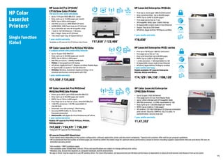 HP LaserJet Printer/MFP (Mono/Color)
1
Exact speed varies depending on the system configuration, software application, driver and document complexity. ^Special end customer offer valid as per program guidelines.
2
HP recommends that the number of printed pages per month be within the stated range for optimum device performance, based on factors including supplies replacement intervals and device life over an
extended warranty period.
e
Not installed. * MRP. Conditions apply.
#
Also available under DGSD Rate Contract. Prices and specifications are subject to change without prior notice.
S
Windows only. Actual time depends on computer hardware and OS environment.
5
An app or driver may be required to use HP wireless direct. For more information, see hpconnected.com Wireless performance is dependent on physical environment and distance from access point.
•	 Up to 18 ppm (ISO) (Blk/Clr)1
•	 Duty cycle up to 30,000 pages per month
•	 RMPV: Up to 250 to 2,500 pages2
•	 800 MHz processor; 128MB/256MB RAM
•	 M252n: 2-line graphical LCD display
•	 HP ePrint; Apple AirPrint™; Mopria-certified; Mobile Apps
•	 Hi-Speed USB 2.0; built-in 10/100 Ethernet
•	 M252dw: Wireless, Automatic duplex printing, 3.0-in
intuitive touchscreen control panel with CGD
1 year onsite warranty
₹31,930*
/ ₹39,803*
HP Color LaserJet Pro M252n/ M252dw
A compact printer with productivity features
HP Color
LaserJet
Printers◊
Single function
(Color)
HP Color LaserJet Enterprise
CP4025dn Printer
•	 Up to 35 ppm1
(ISO) (A4/letter)
•	 First page out in 9.5 sec from Ready Mode
•	 Up to 1200x1200 dpi with HP ImageREt 3600
•	 800 MHz processor; 512MB, expandable to 1GB
•	 Duty Cycle up to 1,00,000 pages per month
•	 RMPV: Up to 2,000 to 7,500 pages2
•	 HP Jetdirect 10/100/1000 Base-TX Ethernet embedded
print server; Security: SNMPv3; SSL/TLS; 802.1x
authentication, security lock slot
1 year onsite warranty
₹1,47,352*
•	 Up to 17/4 ppm (ISO) (Blk/Clr)1
, letter
•	 Duty cycle up to 15,000 pages per month
•	 RMPV: Up to 200 to 850 pages2
•	 266 MHz processor; 8MB DRAM (CP1025)
•	 64MB DRAM, 4MB Flash (only on CP1025nw)
•	 Up to 600x600 dpi with HP ImageREt 2400
•	 1 built in 10/100 Ethernet, 1 Wireless
802.11b/g/n (only on CP1025nw)
•	 150-sheet input tray; Hi-Speed USB 2.0
1 year onsite warranty
^
Available on HP LaserJet Pro CP1025nw Color Printer
^
^
₹17,658*
/ ₹22,408*
HP LaserJet Pro CP1025/
CP1025nw Color Printer
The best in color made affordable
^
•	 Prints up to 28/27 ppm (ISO) letter/A4 (Blk/Clr)
•	 Duty Cycle up to 50,000 pages per month
•	 RMPV: Up to 750 to 4,000 pages2
•	 First Page out in as fast as 10 sec, letter/A4-(Blk/Clr)
•	 1200 Mhz processor; 128 MB, expandable to
256 MB RAM
•	 Automatic two side printing^, PIN Printing
•	 Security:SNMPv3,802.1X, Secure Boot,
Password protection
•	 M452nw/dw: Wifi,Apple Air PrintTM Ethernet,HP ePrint
1 year onsite warranty
HP Color LaserJet Pro M452nw/
M452dn/M452dw Printer
₹47,822*
/₹54,571*
/ ₹58,391*
^Only with HP LaserJet Pro M452dn/dw
NFC
Models: HP LaserJet Pro M452: M452nw, M452dn,
M452dw printers
HP LaserJet Enterprise M552dn
•	 Print Up to 33/35 ppm1
(Blk/Clr)(A4/Letter)
•	 Duty Cycle(monthly) : Up to 80,000 pages
•	 RMPV: Up to 2,000 to 6,000 pages2
•	 First page out as fast as 7 sec.
•	 HP ImageREt 3600; Upto 1200X1200 dpi
•	 Hi-Speed USB 2.0 port; built-in Fast Ethernet
•	 Output Tray Up to 250-sheet
•	 HP ePrint; Apple AirPrint TM Mopria certified
1 year onsite warranty
₹78,030*
Advanced security
Environmental globe
Maximum
performance
•	 Print Up to 38/40 ppm1
(Blk/Clr) (A4/Letter)
•	 First page out as fast as 7 sec
•	 Duty cycle (monthly): Up to 80,000 pages
•	 RMPV: Up to 2,000 to 6,000 pages2
•	 1.2 Ghz processor ; 1 GB expandable to 2 GB
•	 Hi-Speed USB 2.0 port; built-in fast Ethernet
•	 HP ePrint; Apple AirPrint TM Mopria certified
1 year onsite warranty
Models available: HP LaserJet Enterprise
M553dn, M553n and M553x
₹74,129*
/ 84,150*
/ 108,120*
HP LaserJet Enterprise M553 series
Advanced security
Environmental globe
Maximum
performance
JetIntelligence
JetIntelligence
15
 