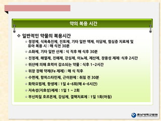 약의 복용 시간
 일반적인 약물의 복용시간
정장제, 식욕촉진제, 진토제, 기타 일반 액제, 이담제, 협심증 치료제 및
유아 복용 시 : 매 식전 30분
소화제, 기타 일반 산제 : 식 직후 매 식후 30분
진정제. 해열제, 진해제, 강심제, 이뇨제, 제산제, 장용성 제제: 식후 2시간
위산에 의해 효력이 감소되는 약물 : 식후 1~2시간
위장 장해 약제(Fe 제제) : 매 식 직후
수면제, 항히스타민제, 근이완제 : 취침 전 30분
화학요법제, 항생제 : 1일 4~6회(매 4~6시간)
지속성(지효성)제제 : 1일 1 ~ 2회
부신피질 호르몬제, 강심제, 결핵치료제 : 1일 1회(아침)
 
