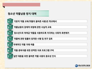 청소년 약물남용 방지 대책
기본적 약물 교육(약물의 올바른 사용)은 학교에서
약물남용의 잠재적 위험에 관한 사실적 교육
청소년으로 하여금 약물을 사용하도록 자극하는 사회적 측면제거
약물에 관한 법률의 엄격한 시행 및 연구 검토
국제적인 약물 거래 색출
약물 중독자를 위한 완벽한 치료 프로그램 구비
일반 대중을 위한 올바른 약물 사용의 중요성 인식
 