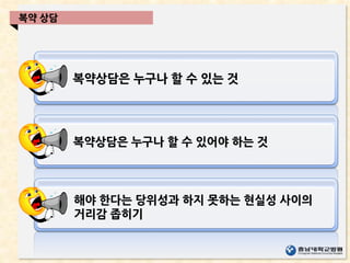 복약상담은 누구나 할 수 있는 것
복약상담은 누구나 할 수 있어야 하는 것
해야 한다는 당위성과 하지 못하는 현실성 사이의
거리감 좁히기
복약 상담
 