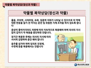 약물별 복약상담(정신과 약물)
약물별 복약상담(정신과 약물)
졸음, 주의력, 시야흐림, 숙취, 집중력 저하가 나타날 수 있으므로 이 약에
대한 반응을 알기 전 까지는 운전 및 위험한 기계 조작을 하지 않도록 합니
다
증상이 좋아지더라도 처방에 따라 지속적으로 복용해야 하며 의사의 지시
없이 갑자기 약 복용을 중단하면 안됩니다.
장기간 복용한 후에는 의사의 지시에 따라
서서히 감량하여 중단 해야 합니다
음주를 삼가야 하며 임의로 진정제,
수면제 등을 복용해서는 안됩니다
 