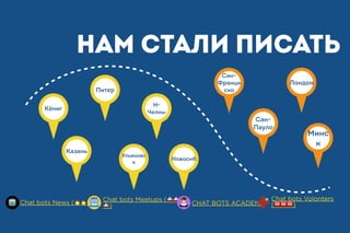 Минс
к
Питер
НАМ СТАЛИ ПИСАТЬ
Казань
Кёниг
Н-
Челны
Новосиб
Ульяновс
к
Лондон
Сан-
Пауло
Сан-
Франци
ско
Chat bots Meetups (🎪🎪
🎪) CHAT BOTS ACADEMYChat bots News (🔥🔥🔥)
Chat bots Volonters
(🆘🆘🆘)
 