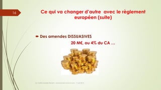 Ce qui va changer d’autre avec le règlement
européen (suite)
 Des amendes DISSUASIVES
20 M€, ou 4% du CA …
(c) Maître Isabelle Renard - www.irenard-avocat.com - 7 avril 2016
16
 