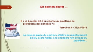 On peut en douter …
 « Le bouclier est-il la réponse au problème de
protections des données ? »
lesechos.fr – 23/02/2016
La mise en place du « privacy shield » en remplacement
de feu « safe harbor » ne changera rien au fond du
problème…
(c) Maître Isabelle Renard - www.irenard-avocat.com - 7 avril 2016
18
 