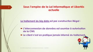 Sous l’empire de la Loi Informatique et Libertés
actuelle
Le traitement du big data est par construction illégal :
 L’interconnexion de données est soumise à autorisation
de la CNIL
 Le client n’est en pratique jamais informé du traitement
(c) Maître Isabelle Renard - www.irenard-avocat.com - 7 avril 2016
7
 