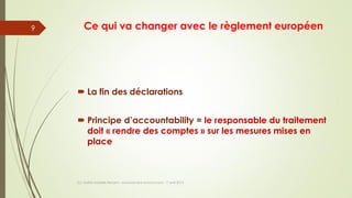 Ce qui va changer avec le règlement européen
 La fin des déclarations
 Principe d’accountability = le responsable du traitement
doit « rendre des comptes » sur les mesures mises en
place
(c) Maître Isabelle Renard - www.irenard-avocat.com - 7 avril 2016
9
 