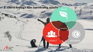 3. «Berre kraftig» eller bærekraftig reiseliv
Foto: C.H. / Innovation Norway
SOSIALT
MILJØ
ØKONOMI
BÆREKRAFT
 