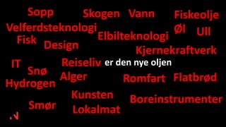 er den nye oljen
Kunsten
Alger
Design
Smør Lokalmat
Elbilteknologi
Romfart
Boreinstrumenter
IT
Hydrogen
Øl
Kjernekraftverk
Fisk
Reiseliv
Skogen Vann Fiskeolje
Flatbrød
Velferdsteknologi
Sopp
Snø
Ull
 