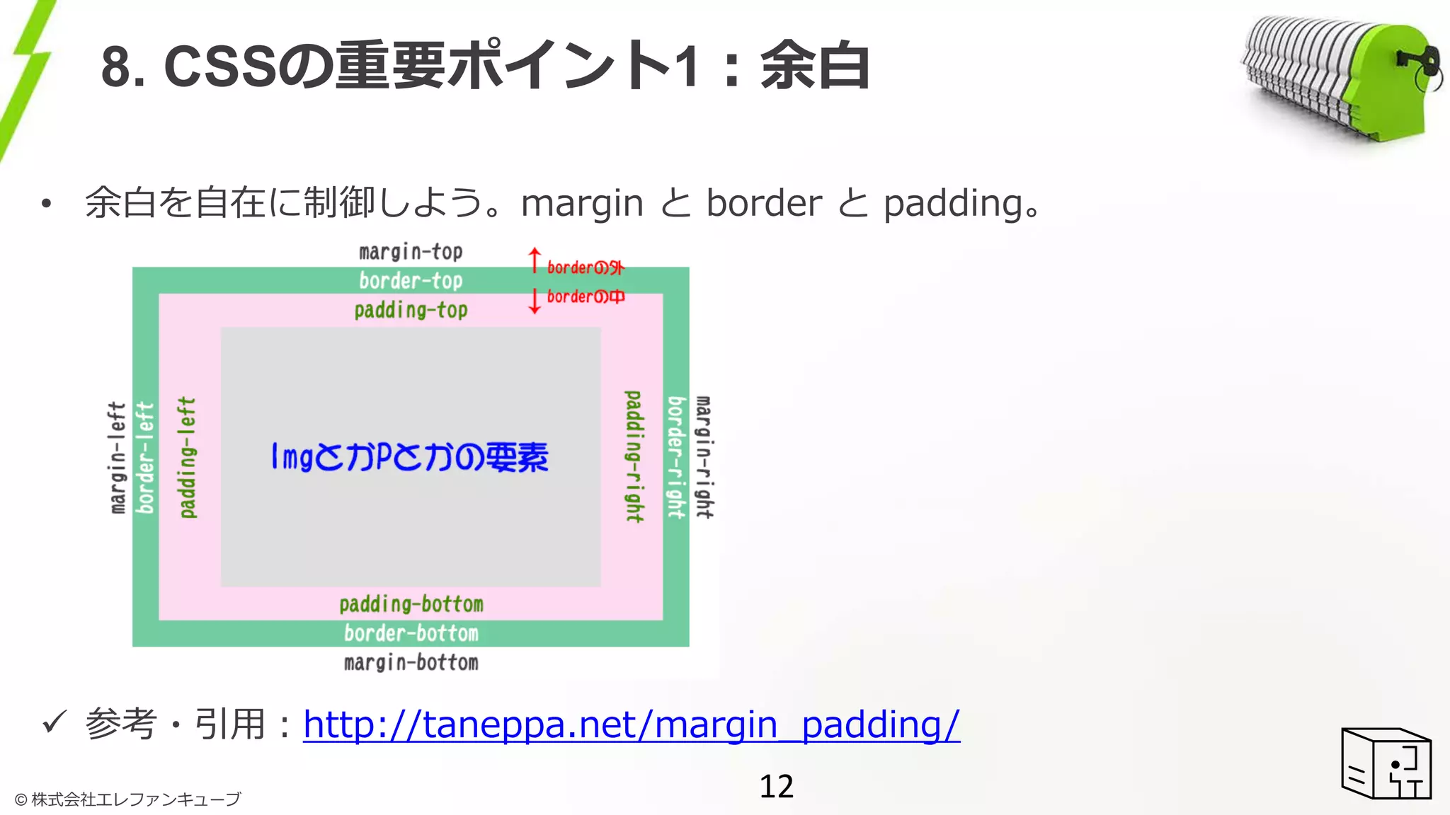 © 株式会社エレファンキューブ
8. CSSの重要ポイント1：余白
• 余白を自在に制御しよう。margin と border と padding。
 参考・引用：http://taneppa.net/margin_padding/
12
 