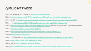 QUELLENVERWEISE
Slide 11, 17, 20, 21, 22, 28, 29, 30, 31 + 59: https://www.snapchat.com/ads
Slide 12: http://venturebeat.com/2015/05/26/snapchat-has-100m-daily-users-65-of-whom-upload-photos/
Slide 13, 24, 25 + 26: http://www.adweek.com/socialtimes/how-are-people-really-using-snapchat-infographic/633305
Slide 14 + 15: http://recode.net/2016/02/29/snapchat-users-now-watch-eight-billion-videos-per-day/
Slide 16: http://www.slideshare.net/wearesocialsg/2016-digital-yearbook (*Hochrechnung gemäß den Zahlen für Deutschland)
Slide 47: https://www.facebook.com/rewekarriere/?fref=ts
Slide 48: http://etailment.de/thema/mobil/Warum-Rewe-spontan-auf-Snapchat-setzt--4000
Slide 50: https://twitter.com/glossybox_de
Slide 52 + 53: Screenshots via http://www.futurebiz.de/artikel/snapchat-instagram-takeover-sixt-deutschland/
Slide 55: https://www.facebook.com/EonEnergieDe/?fref=ts
Slide 62, 63 + 65: https://www.snapchat.com/on-demand
Slide 64: http://www.adweek.com/socialtimes/should-your-small-business-create-a-snapchat-geoﬁlter/635495
 