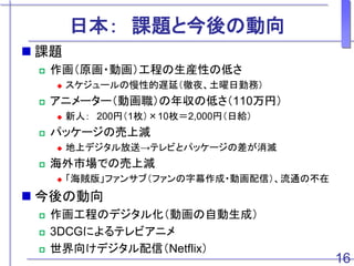 日本： 課題と今後の動向
 課題
 作画（原画・動画）工程の生産性の低さ
 スケジュールの慢性的遅延（徹夜、土曜日勤務）
 アニメーター（動画職）の年収の低さ（110万円）
 新人： 200円（1枚）×10枚＝2,000円（日給）
 パッケージの売上減
 地上デジタル放送→テレビとパッケージの差が消滅
 海外市場での売上減
 「海賊版」ファンサブ（ファンの字幕作成・動画配信）、流通の不在
 今後の動向
 作画工程のデジタル化（動画の自動生成）
 3DCGによるテレビアニメ
 世界向けデジタル配信（Netflix）
16
 