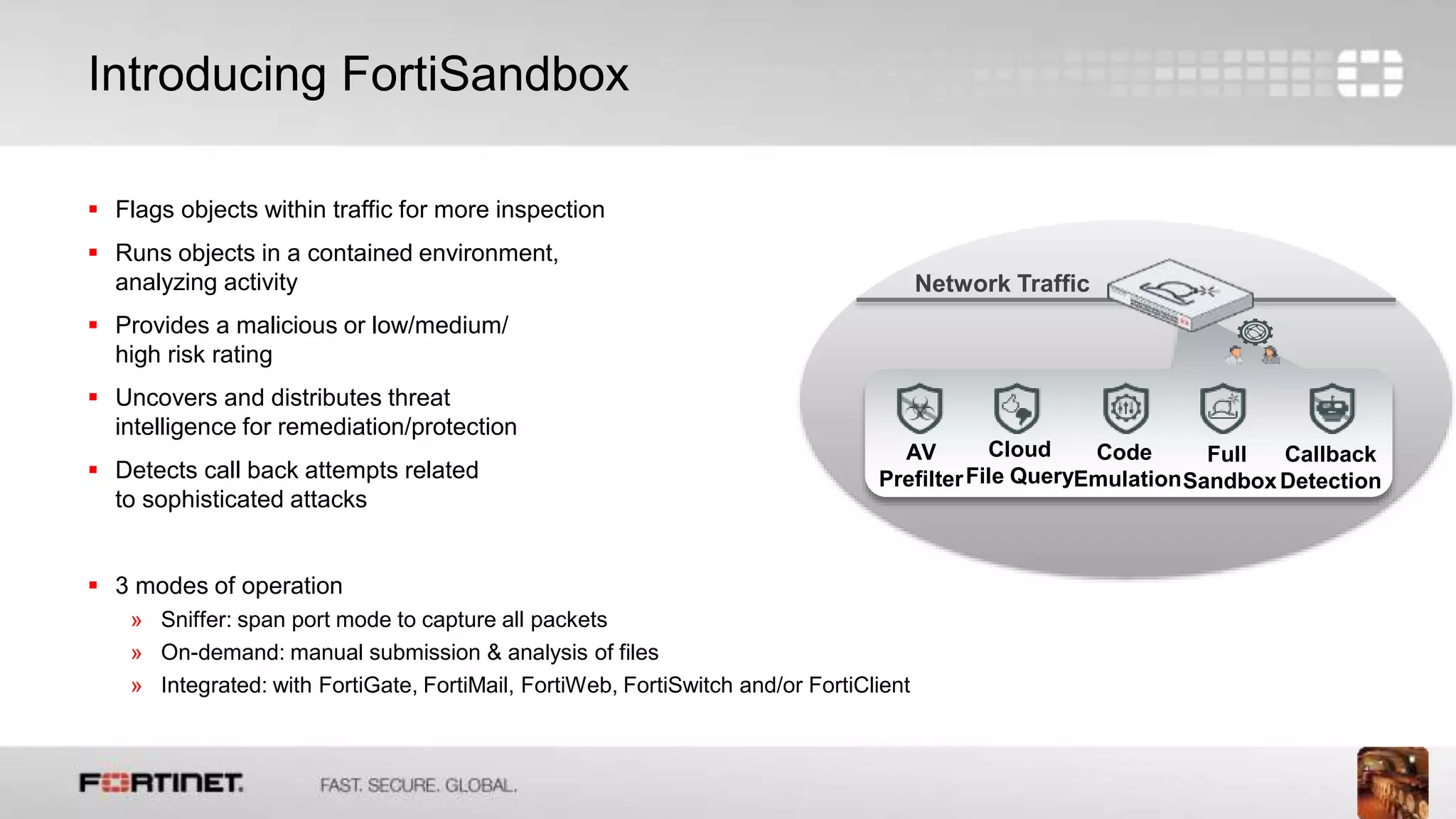 9
Introducing FortiSandbox
 Flags objects within traffic for more inspection
 Runs objects in a contained environment,
analyzing activity
 Provides a malicious or low/medium/
high risk rating
 Uncovers and distributes threat
intelligence for remediation/protection
 Detects call back attempts related
to sophisticated attacks
 3 modes of operation
» Sniffer: span port mode to capture all packets
» On-demand: manual submission & analysis of files
» Integrated: with FortiGate, FortiMail, FortiWeb, FortiSwitch and/or FortiClient
Network Traffic
Cloud
File Query
AV
Prefilter
Code
Emulation
Full
Sandbox
Callback
Detection
 