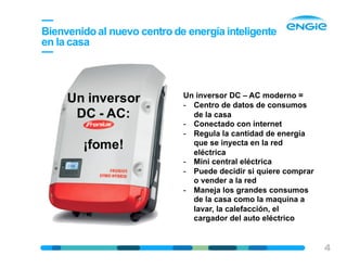 4
Un inversor
DC - AC:
¡fome!
Un inversor DC – AC moderno =
- Centro de datos de consumos
de la casa
- Conectado con internet
- Regula la cantidad de energía
que se inyecta en la red
eléctrica
- Mini central eléctrica
- Puede decidir si quiere comprar
o vender a la red
- Maneja los grandes consumos
de la casa como la maquina a
lavar, la calefacción, el
cargador del auto eléctrico
Bienvenidoal nuevo centrode energía inteligente
en la casa
 