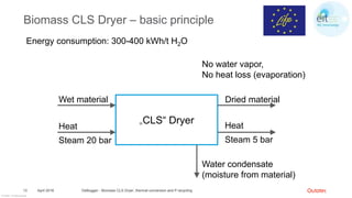 © Outotec – All rights reserved
Biomass CLS Dryer – basic principle
April 2016 DeBugger - Biomass CLS Dryer, thermal conversion and P recycling13
„CLS“ Dryer
Wet material
Heat
Steam 20 bar
Dried material
No water vapor,
No heat loss (evaporation)
Heat
Steam 5 bar
Water condensate
(moisture from material)
Energy consumption: 300-400 kWh/t H2O
 