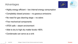 © Outotec – All rights reserved
Advantages
• Highly energy efficient – low internal energy consumption
• Completely closed process – no gaseous emissions
• No need for gas cleaning stage – no odors
• Few mechanical components
• ATEX safe – steam environment
• Able to dry to high dry matter levels >90%
• Condensate can serve as a sink
April 2016 DeBugger - Biomass CLS Dryer, thermal conversion and P recycling15
 