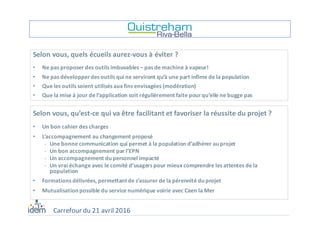 Selon	vous,	quels	écueils	aurez-vous	à	éviter	?
• Ne	pas	proposer	des	outils	imbuvables	– pas	de	machine	à	vapeur!
• Ne	pas	développer	des	outils	qui	ne	serviront	qu’à	une	part	infime	de	la	population
• Que	les	outils	soient	utilisés	aux	fins	envisagées	(modération)
• Que	la	mise	à	jour	de	l’application	soit	régulièrement	faite	pour	qu’elle	ne	bugge pas
Selon	vous,	qu’est-ce	qui	va	être	facilitant	et	favoriser	la	réussite	du	projet	?
• Un	bon	cahier	des	charges
• L’accompagnement	au	changement	proposé
- Une	bonne	communication	qui	permet	à	la	population	d’adhérer	au	projet
- Un	bon	accompagnement	par	l’EPN
- Un	accompagnement	du	personnel	impacté
- Un	vrai	échange	avec	le	comité	d’usagers	pour	mieux	comprendre	les	attentes	de	la	
population
• Formations	délivrées,	permettant	de	s’assurer	de	la	pérennité	du	projet
• Mutualisation	possible	du	service	numérique	voirie	avec	Caen	la	Mer
Carrefour	du	21	avril	2016
 