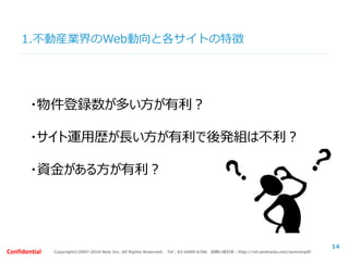 Copyright©2007-2016 Nyle Inc. All Rights Reserved. Tel：03-6409-6766 お問い合わせ：http://ml.seohacks.net/semnarpdfConfidential
1.不動産業界のWeb動向と各サイトの特徴
14
・物件登録数が多い方が有利？
・サイト運用歴が長い方が有利で後発組は不利？
・資金がある方が有利？
 