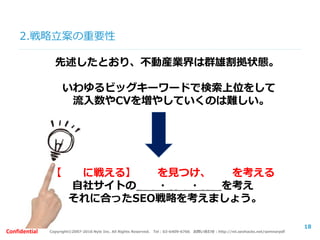 Copyright©2007-2016 Nyle Inc. All Rights Reserved. Tel：03-6409-6766 お問い合わせ：http://ml.seohacks.net/semnarpdfConfidential
2.戦略立案の重要性
18
先述したとおり、不動産業界は群雄割拠状態。
いわゆるビッグキーワードで検索上位をして
流入数やCVを増やしていくのは難しい。
【 に戦える】 を見つけ、 を考える
自社サイトの強み・弱み・特長を考え
それに合ったSEO戦略を考えましょう。
 