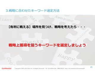 Copyright©2007-2016 Nyle Inc. All Rights Reserved. Tel：03-6409-6766 お問い合わせ：http://ml.seohacks.net/semnarpdfConfidential
3.戦略に合わせたキーワード選定方法
21
【有利に戦える】場所を見つけ、戦略を考えたら・・・
戦略上獲得を狙うキーワードを選定しましょう
 