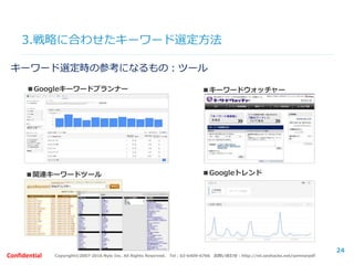 Copyright©2007-2016 Nyle Inc. All Rights Reserved. Tel：03-6409-6766 お問い合わせ：http://ml.seohacks.net/semnarpdfConfidential
3.戦略に合わせたキーワード選定方法
24
■リスティングデ
ータ
■Googleキーワードプランナー ■キーワードウォッチャー
■関連キーワードツール ■Googleトレンド
キーワード選定時の参考になるもの：ツール
 