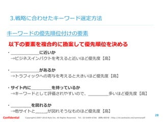 Copyright©2007-2016 Nyle Inc. All Rights Reserved. Tel：03-6409-6766 お問い合わせ：http://ml.seohacks.net/semnarpdfConfidential
3.戦略に合わせたキーワード選定方法
28
キーワードの優先順位付けの要素
以下の要素を複合的に勘案して優先順位を決める
・コンバージョンに近いか
→ビジネスインパクトを考えると近いほど優先度【高】
・検索ボリュームがあるか
→トラフィックへの寄与を考えると大きいほど優先度【高】
・サイト内にコンテンツを持っているか
→キーワードとして評価されやすいので、コンテンツ多いほど優先度【高】
・競合優位性を図れるか
→他サイトと差別化が図れそうなものほど優先度【高】
 