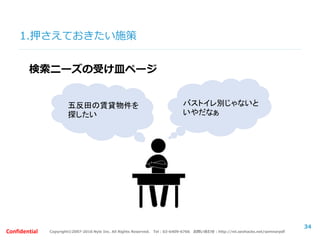 Copyright©2007-2016 Nyle Inc. All Rights Reserved. Tel：03-6409-6766 お問い合わせ：http://ml.seohacks.net/semnarpdfConfidential
1.押さえておきたい施策
34
検索ニーズの受け皿ページ
五反田の賃貸物件を
探したい
バストイレ別じゃないと
いやだなぁ
 