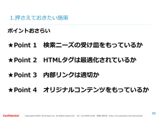 Copyright©2007-2016 Nyle Inc. All Rights Reserved. Tel：03-6409-6766 お問い合わせ：http://ml.seohacks.net/semnarpdfConfidential
1.押さえておきたい施策
55
ポイントおさらい
★Point 1 検索ニーズの受け皿をもっているか
★Point 2 HTMLタグは最適化されているか
★Point 3 内部リンクは適切か
★Point 4 オリジナルコンテンツをもっているか
 