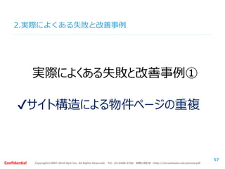 Copyright©2007-2016 Nyle Inc. All Rights Reserved. Tel：03-6409-6766 お問い合わせ：http://ml.seohacks.net/semnarpdfConfidential
57
実際によくある失敗と改善事例①
✔サイト構造による物件ページの重複
2.実際によくある失敗と改善事例
 