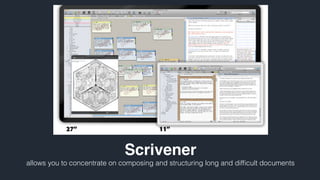 标题模板
Scrivener
allows you to concentrate on composing and structuring long and difﬁcult documents
 