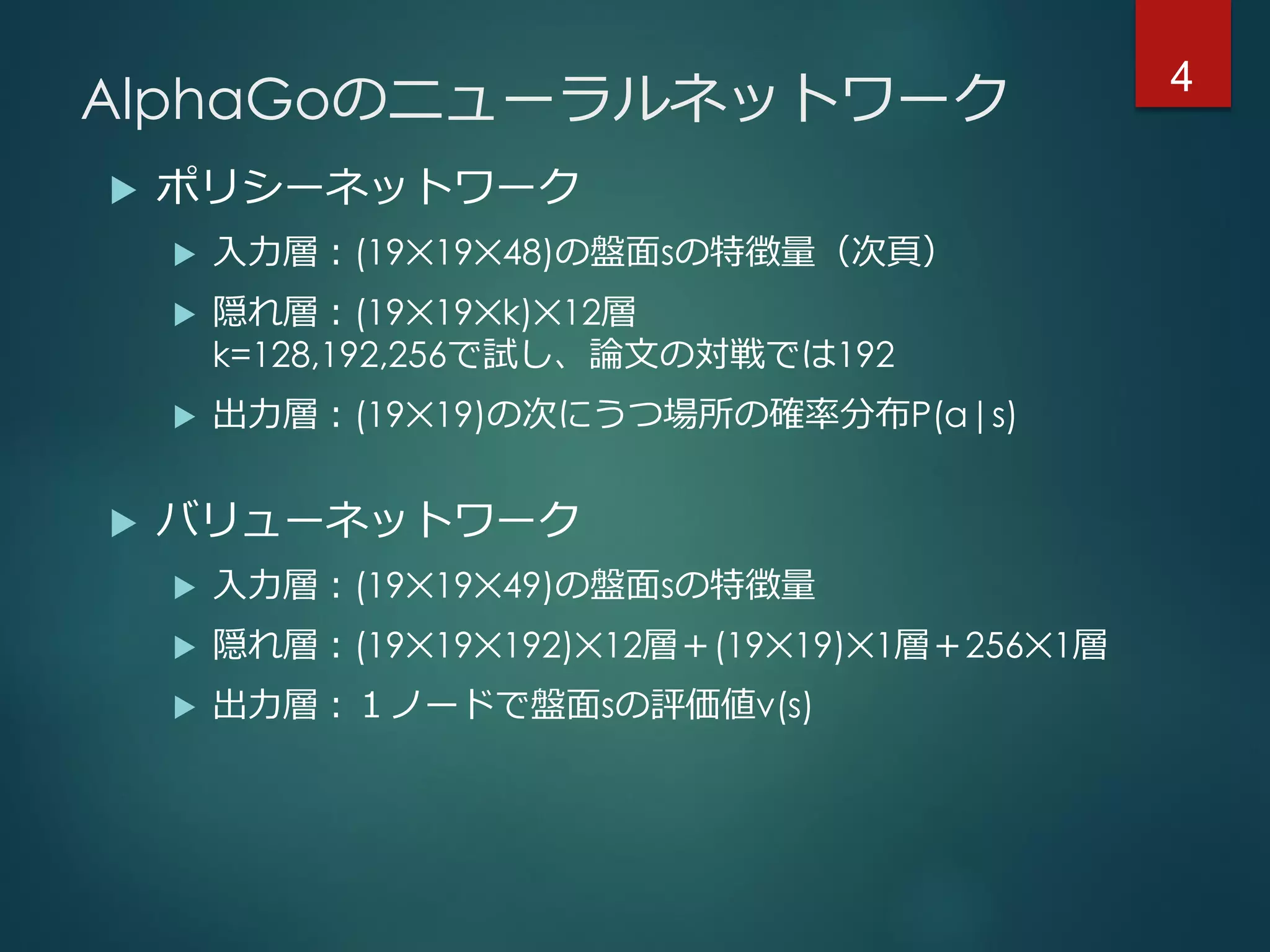 AlphaGoのニューラルネットワーク
 ポリシーネットワーク
 入力層：(19✕19✕48)の盤面sの特徴量（次頁）
 隠れ層：(19✕19✕k)✕12層
k=128,192,256で試し、論文の対戦では192
 出力層：(19✕19)の次にうつ場所の確率分布P(a|s)
 バリューネットワーク
 入力層：(19✕19✕49)の盤面sの特徴量
 隠れ層：(19✕19✕192)✕12層＋(19✕19)✕1層＋256✕1層
 出力層：１ノードで盤面sの評価値v(s)
4
 
