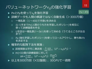 バリューネットワークvθの強化学習
 PσとPρを使ってvθを強化学習
 訓練データも人間の棋譜ではなく自動生成（＞3000万個）
① 一様乱数（１～450)で手数Uを決める
② (U-1)手までPσ(人間のうち方を学習したポリシー)を相互に
使って訓練盤面を作る
③ U手目は一様乱数(1～361)を使って決める（うてるところが出る
まで）
④ Pρ (強化学習したポリシー)を使ってロールアウトし、勝ち負けz
を決定する
 確率的勾配降下法を実施：
 誤差関数は平均二乗誤差：
α
2m k=1
m
（zk
− vθ(sk
)）2
 ｍ(=32)個の訓練盤面に対して
∆θ＝
α
m k=1
m
（zk
− vθ(sk
)）
𝜕vθ(sk)
𝜕θ
 以上を5000万回（✕32盤面) 、50GPUで一週間
フェーズ３
11
 