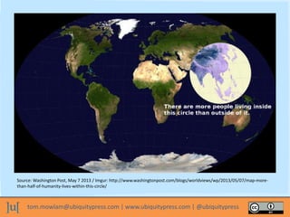 tom.mowlam@ubiquitypress.com | www.ubiquitypress.com | @ubiquitypress
Source: Washington Post, May 7 2013 / Imgur: http://www.washingtonpost.com/blogs/worldviews/wp/2013/05/07/map-more-
than-half-of-humanity-lives-within-this-circle/
 