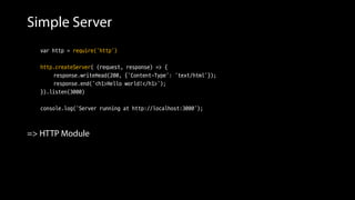 Simple Server
var http = require('http')
http.createServer( (request, response) => {
response.writeHead(200, {'Content-Type': 'text/html'});
response.end('<h1>Hello world!</h1>');
}).listen(3000)
console.log('Server running at http://localhost:3000');
=> HTTP Module
 