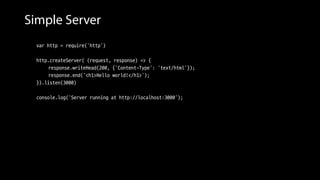 Simple Server
var http = require('http')
http.createServer( (request, response) => {
response.writeHead(200, {'Content-Type': 'text/html'});
response.end('<h1>Hello world!</h1>');
}).listen(3000)
console.log('Server running at http://localhost:3000');
 