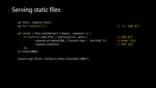 Serving static files
var http = require('http')
var fs = require('fs') // ‘fs’ 모듈 로드
var server = http.createServer( (request, response) => {
fs.readFile('index.html', function(error, data) { // 파일 읽기
response.writeHead(200, {'Content-Type': 'text/html'}); // Header 작성
response.end(data); // 파일 전송
});
}).listen(3000);
console.log('Server running at http://localhost:3000');
 