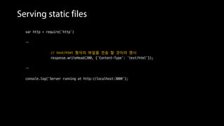 Serving static files
var http = require('http')
…
// text/html 형식의 파일을 전송 할 것이라 명시
response.writeHead(200, {‘Content-Type’: ‘text/html’});
…
console.log('Server running at http://localhost:3000');
 