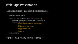 Web Page Presentation
• 사용자의 요청에 따라 HTML 페이지를 보여주기 위해서는?
var http = require('http')
var server = http.createServer( request, response => {
response.writeHead(200, {'Content-Type': 'text/html'});
response.end(‘<html>
<head><title>Hello world!</title></head>
<body>
<h1>Welcome to Node.js</h1>
<p>example page…</p>
</body>
</html>’);
}).listen(3000);
• 웹 페이지 소스를 하드 코딩으로 작성 == 번거롭다
 
