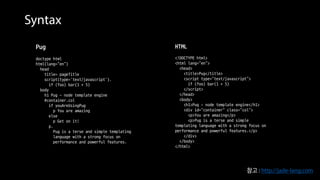 Syntax
HTML
<!DOCTYPE html>
<html lang="en">
<head>
<title>Pug</title>
<script type="text/javascript">
if (foo) bar(1 + 5)
</script>
</head>
<body>
<h1>Pug - node template engine</h1>
<div id="container" class="col">
<p>You are amazing</p>
<p>Pug is a terse and simple
templating language with a strong focus on
performance and powerful features.</p>
</div>
</body>
</html>
참고 : http://jade-lang.com
Pug
doctype html
html(lang="en")
head
title= pageTitle
script(type='text/javascript').
if (foo) bar(1 + 5)
body
h1 Pug - node template engine
#container.col
if youAreUsingPug
p You are amazing
else
p Get on it!
p.
Pug is a terse and simple templating
language with a strong focus on
performance and powerful features.
 