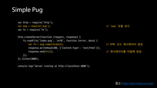 Simple Pug
var http = require('http');
var pug = require('pug'); // ‘pug’ 모듈 로드
var fs = require('fs');
http.createServer(function (request, response) {
fs.readFile('index.pug', 'utf8', function (error, data) {
var fn = pug.compile(data); // HTML 코드 제너레이터 생성
response.writeHead(200, {'Content-Type': 'text/html'});
response.end(fn()); // 제너레이터를 이용해 응답
});
}).listen(3000);
console.log('Server running at http://localhost:3000');
참고 : http://jade-lang.com/api/
 