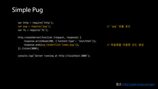 Simple Pug
var http = require('http');
var pug = require('pug'); // ‘pug’ 모듈 로드
var fs = require('fs');
http.createServer(function (request, response) {
response.writeHead(200, {'Content-Type': 'text/html'});
response.end(pug.renderFile('index.pug')); // 파일명을 이용한 코드 생성
}).listen(3000);
console.log('Server running at http://localhost:3000');
참고 : http://jade-lang.com/api/
 