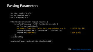Passing Parameters
var http = require('http');
var pug = require('pug');
var fs = require('fs');
http.createServer(function (request, response) {
fs.readFile('index.pug', 'utf8', function (error, data) {
var fn = pug.compile(data);
var params = { pageTitle: 'Hello, Pug', youAreUsingPug: true }; // 넘겨줄 변수 목록
response.writeHead(200, { 'Content-Type‘ : 'text/html‘ });
response.end(fn(params)); // 함께 컴파일
});
}).listen(3000);
console.log('Server running at http://localhost:3000');
참고 : http://jade-lang.com/api/
 