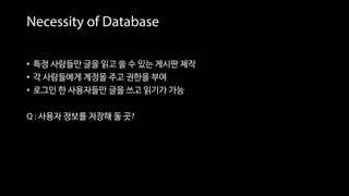 Necessity of Database
• 특정 사람들만 글을 읽고 쓸 수 있는 게시판 제작
• 각 사람들에게 계정을 주고 권한을 부여
• 로그인 한 사용자들만 글을 쓰고 읽기가 가능
Q : 사용자 정보를 저장해 둘 곳?
 