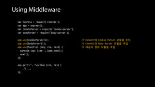 Using Middleware
var express = require('express');
var app = express();
var cookieParser = require('cookie-parser');
var bodyParser = require('body-parser');
app.use(cookieParser()); // Connect의 Cookie Parser 모듈을 주입
app.use(bodyParser()); // Connect의 Body Parser 모듈을 주입
app.use(function (req, res, next) { // 사용자 정의 모듈을 주입
console.log('Time:', Date.now());
next();
});
app.get('/', function (req, res) {
// ...
});
 