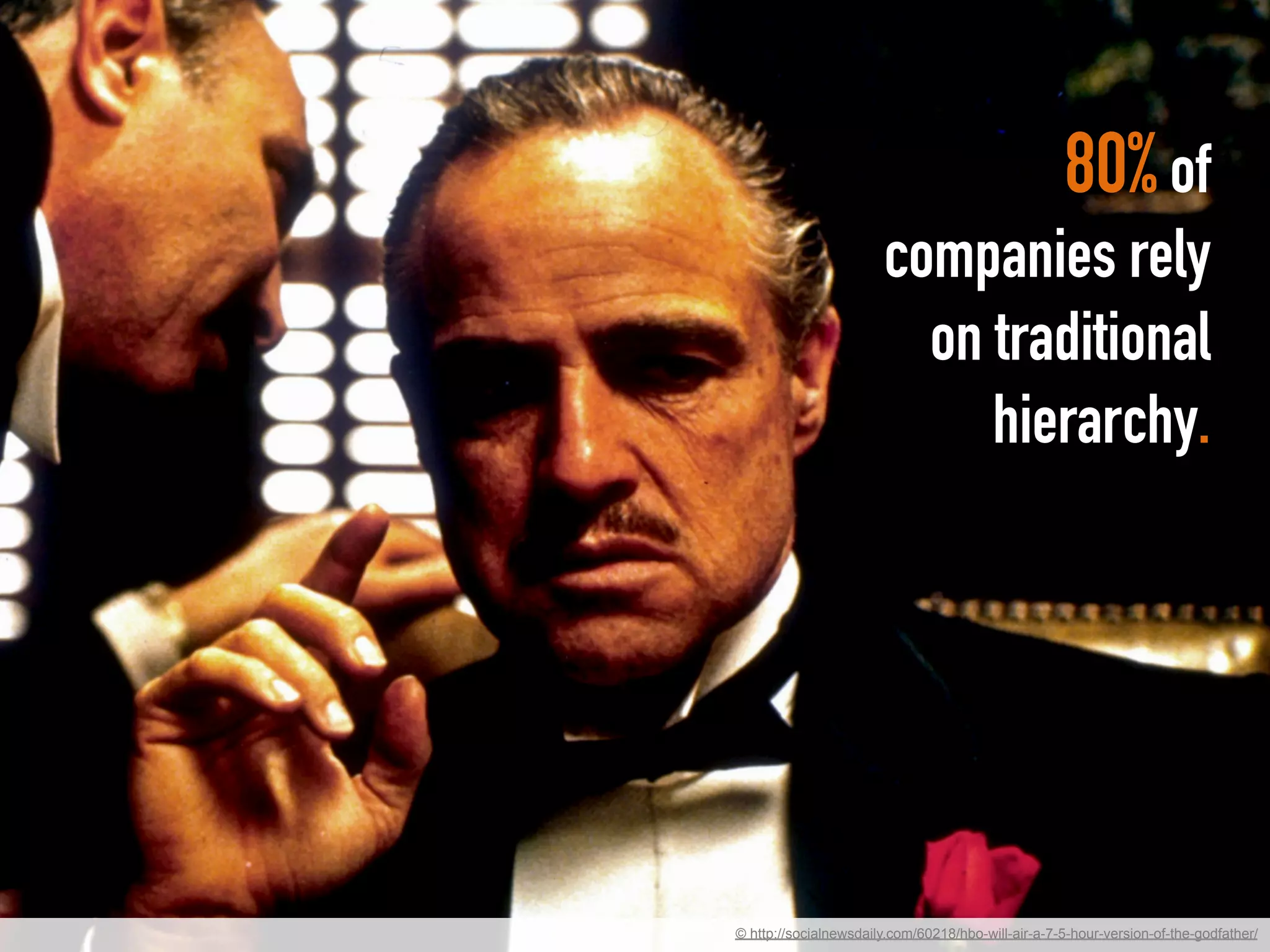 80% of
companies rely
on traditional
hierarchy.
© http://socialnewsdaily.com/60218/hbo-will-air-a-7-5-hour-version-of-the-godfather/
 