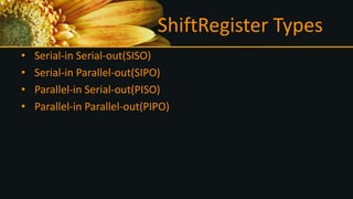 ShiftRegister Types
• Serial-in Serial-out(SISO)
• Serial-in Parallel-out(SIPO)
• Parallel-in Serial-out(PISO)
• Parallel-in Parallel-out(PIPO)
 