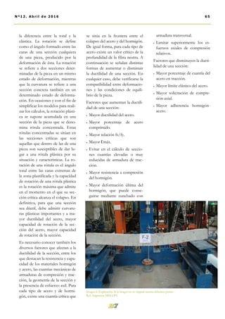 se sitúa en la frontera entre el
colapso del acero y del hormigón.
De igual forma, para cada tipo de
acero existe un valor crítico de la
profundidad de la fibra neutra. A
continuación se señalan distintas
formas de aumentar o disminuir
la ductilidad de una sección. En
cualquier caso, debe verificarse la
compatibilidad entre deformacio-
nes y las condiciones de equili-
brio de la pieza.
Factores que aumentan la ductili-
dad de una sección:
 Mayor ductilidad del acero.
 Mayor porcentaje de acero
comprimido.
 Mayor relación fs/fy.
 Mayor Ԑmáx.
 Evitar en el cálculo de seccio-
nes cuantías elevadas o muy
reducidas de armadura de trac-
ción.
 Mayor resistencia a compresión
del hormigón.
 Mayor deformación última del
hormigón, que puede conse-
guirse mediante zunchado con
armadura transversal.
 Limitar superiormente los es-
fuerzos axiales de compresión
relativos.
Factores que disminuyen la ducti-
lidad de una sección:
 Mayor porcentaje de cuantía del
acero en tracción.
 Mayor límite elástico del acero.
 Mayor solicitación de compre-
sión axial.
 Mayor adherencia hormigón-
acero.
la diferencia entre la total y la
elástica. La rotación se define
como el ángulo formado entre las
caras de una sección cualquiera
de una pieza, producido por la
deformación de ésta. La rotación
se refiere a dos secciones deter-
minadas de la pieza en un mismo
estado de deformación, mientras
que la curvatura se refiere a una
sección concreta también en un
determinado estado de deforma-
ción. En ocasiones y con el fin de
simplificar los modelos para reali-
zar los cálculos, la rotación plásti-
ca se supone acumulada en una
sección de la pieza que se deno-
mina rótula concentrada. Estas
rótulas concentradas se sitúan en
las secciones críticas que son
aquellas que dentro de las de una
pieza son susceptibles de dar lu-
gar a una rótula plástica por su
situación y características. La ro-
tación de una rótula es el ángulo
total entre las caras extremas de
la zona plastificada y la capacidad
de rotación de una rótula plástica
es la rotación máxima que admite
en el momento en el que su sec-
ción crítica alcanza el colapso. En
definitiva, para que una sección
sea dúctil, debe admitir curvatu-
ras plásticas importantes y a ma-
yor ductilidad del acero, mayor
capacidad de rotación de la sec-
ción del acero, mayor capacidad
de rotación de la sección.
Es necesario conocer también los
diversos factores que afectan a la
ductilidad de la sección, entre los
que destacan la resistencia y capa-
cidad de los materiales hormigón
y acero, las cuantías mecánicas de
armaduras de compresión y trac-
ción, la geometría de la sección y
la presencia de esfuerzo axil. Para
cada tipo de acero y de hormi-
gón, existe una cuantía crítica que
65Nº12. Abri l de 2016
Imagen 6. Explicación. Si la imagen no es original nuestra debemos poner:
Ref: Asignatura MIH UPV.
 