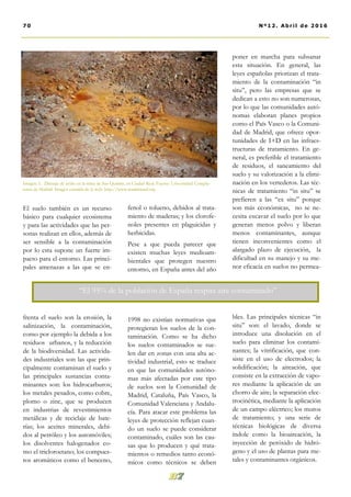 fenol o tolueno, debidos al trata-
miento de maderas; y los clorofe-
noles presentes en plaguicidas y
herbicidas.
Pese a que pueda parecer que
existen muchas leyes medioam-
bientales que protegen nuestro
entorno, en España antes del año
1998 no existían normativas que
protegieran los suelos de la con-
taminación. Como se ha dicho
los suelos contaminados se sue-
len dar en zonas con una alta ac-
tividad industrial, esto se traduce
en que las comunidades autóno-
mas más afectadas por este tipo
de suelos son la Comunidad de
Madrid, Cataluña, País Vasco, la
Comunidad Valenciana y Andalu-
cía. Para atacar este problema las
leyes de protección reflejan cuan-
do un suelo se puede considerar
contaminado, cuáles son las cau-
sas que lo producen y qué trata-
mientos o remedios tanto econó-
micos como técnicos se deben
poner en marcha para subsanar
esta situación. En general, las
leyes españolas priorizan el trata-
miento de la contaminación “in
situ”, pero las empresas que se
dedican a esto no son numerosas,
por lo que las comunidades autó-
nomas elaboran planes propios
como el País Vasco o la Comuni-
dad de Madrid, que ofrece opor-
tunidades de I+D en las infraes-
tructuras de tratamiento. En ge-
neral, es preferible el tratamiento
de residuos, el saneamiento del
suelo y su valorización a la elimi-
nación en los vertederos. Las téc-
nicas de tratamiento “in situ” se
prefieren a las “ex situ” porque
son más económicas, no se ne-
cesita excavar el suelo por lo que
generan menos polvo y liberan
menos contaminantes, aunque
tienen inconvenientes como el
alargado plazo de ejecución, la
dificultad en su manejo y su me-
nor eficacia en suelos no permea-
bles. Las principales técnicas “in
situ” son: el lavado, donde se
introduce una disolución en el
suelo para eliminar los contami-
nantes; la vitrificación, que con-
siste en el uso de electrodos; la
solidificación; la aireación, que
consiste en la extracción de vapo-
res mediante la aplicación de un
chorro de aire; la separación elec-
trocinética, mediante la aplicación
de un campo eléctrico; los muros
de tratamiento; y una serie de
técnicas biológicas de diversa
índole como la bioaireación, la
inyección de peróxido de hidró-
geno y el uso de plantas para me-
tales y contaminantes orgánicos.
El suelo también es un recurso
básico para cualquier ecosistema
y para las actividades que las per-
sonas realizan en ellos, además de
ser sensible a la contaminación
por lo esta supone un fuerte im-
pacto para el entorno. Las princi-
pales amenazas a las que se en-
frenta el suelo son la erosión, la
salinización, la contaminación,
como por ejemplo la debida a los
residuos urbanos, y la reducción
de la biodiversidad. Las activida-
des industriales son las que prin-
cipalmente contaminan el suelo y
las principales sustancias conta-
minantes son: los hidrocarburos;
los metales pesados, como cobre,
plomo o zinc, que se producen
en industrias de revestimientos
metálicas y de reciclaje de bate-
rías; los aceites minerales, debi-
dos al petróleo y los automóviles;
los disolventes halogenados co-
mo el tricloroetano; los compues-
tos aromáticos como el benceno,
Imagen 3.. Drenaje de ácido en la mina de San Quintín, en Ciudad Real. Fuente: Universidad Complu-
tense de Madrid. Imagen extraída de la web: http://www.madrimasd.org
70 Nº12. Abri l de 2016
“El 95% de la población de España respira aire contaminado”
 