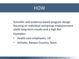 HOW
Global Action Plan International 2015 | globalactionplan.com | secretariat@globalactionplan.com
Scientific and evidence-based program design
focusing on individual and group empowerment
yields long-term results and a high RoI
Examples:
• Health care employees, UK
• Activate, Basque Country, Spain
 